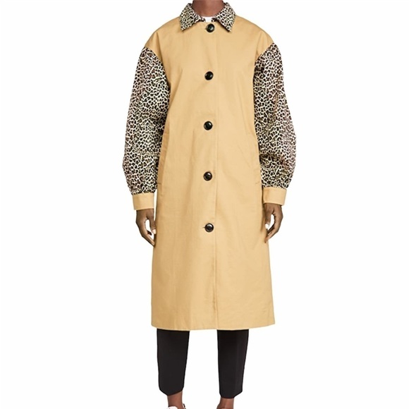 English Factory- Combo Leopard Sleeve Trench Coat - Picture 1 of 9